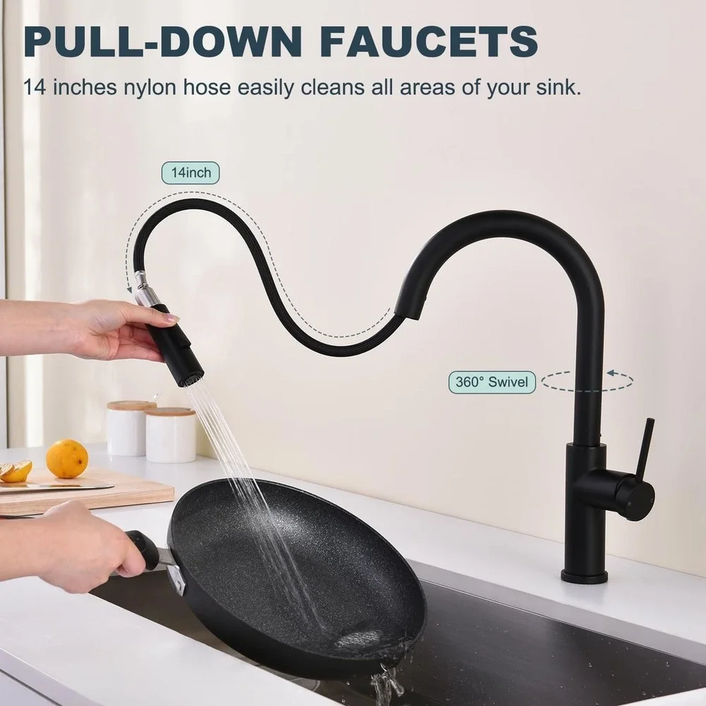 Black Kitchen Faucet Pull Down Sprayer Stainless Steel High Arc Sink Faucet